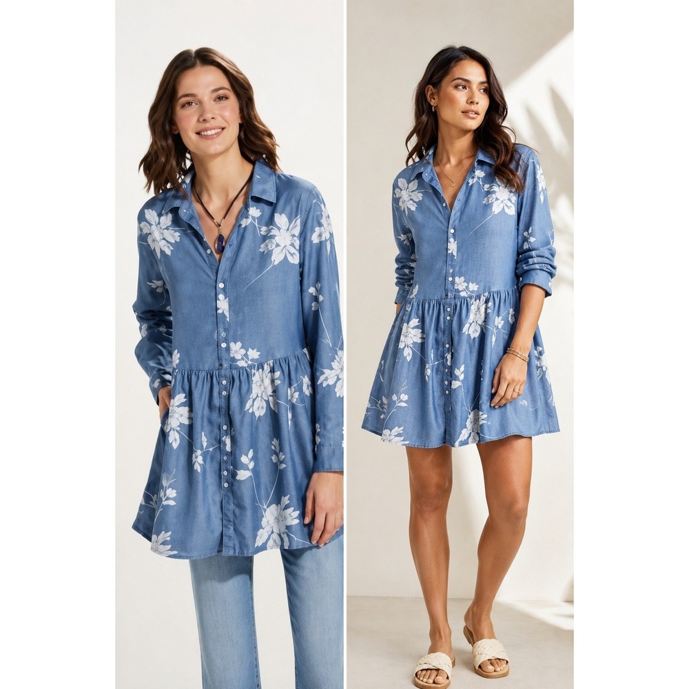 NorthStyle Coastal Floral Embroidered Shirt Dress Cottage Euro Summer M Blue